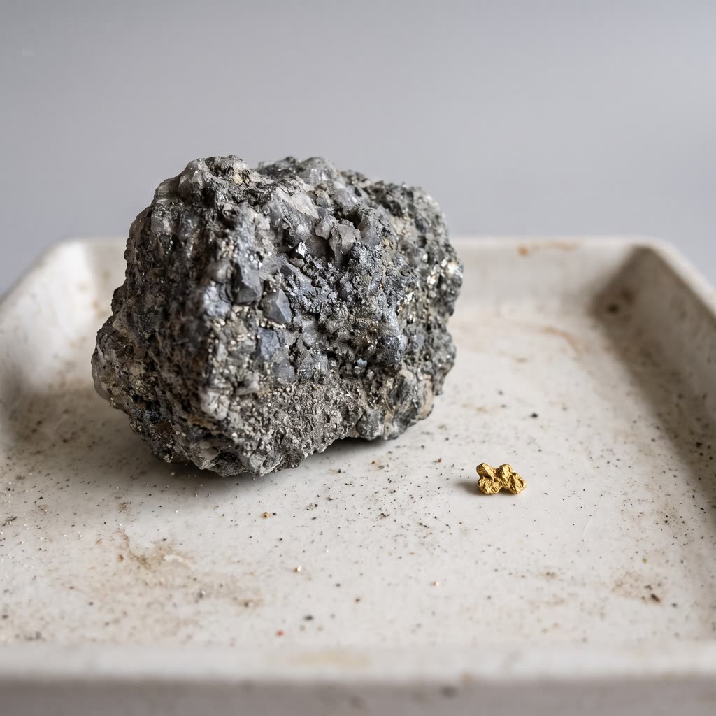 Ein faustgroßes graues Gesteinsstück neben einem winzigen Goldkorn auf einer weißen Prüfschale, im Größenvergleich.